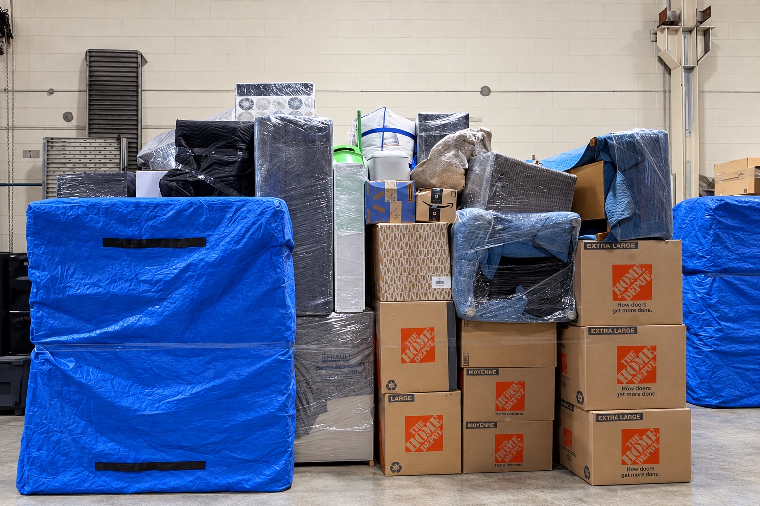 Wrapped household furniture stored at the Easy Moving warehouse